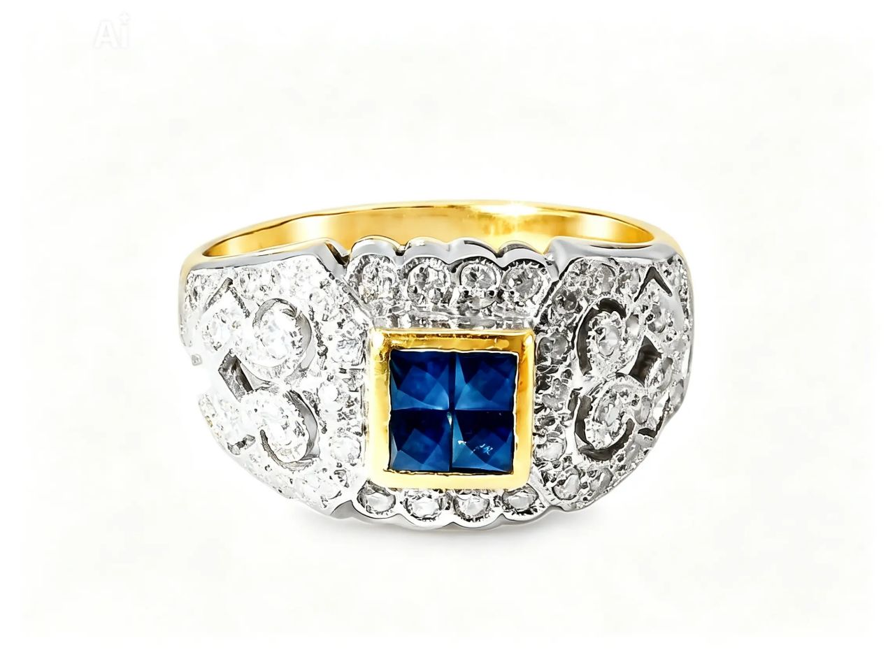 14K Yellow Gold Sapphire Diamond Filigree Cluster Band Ring