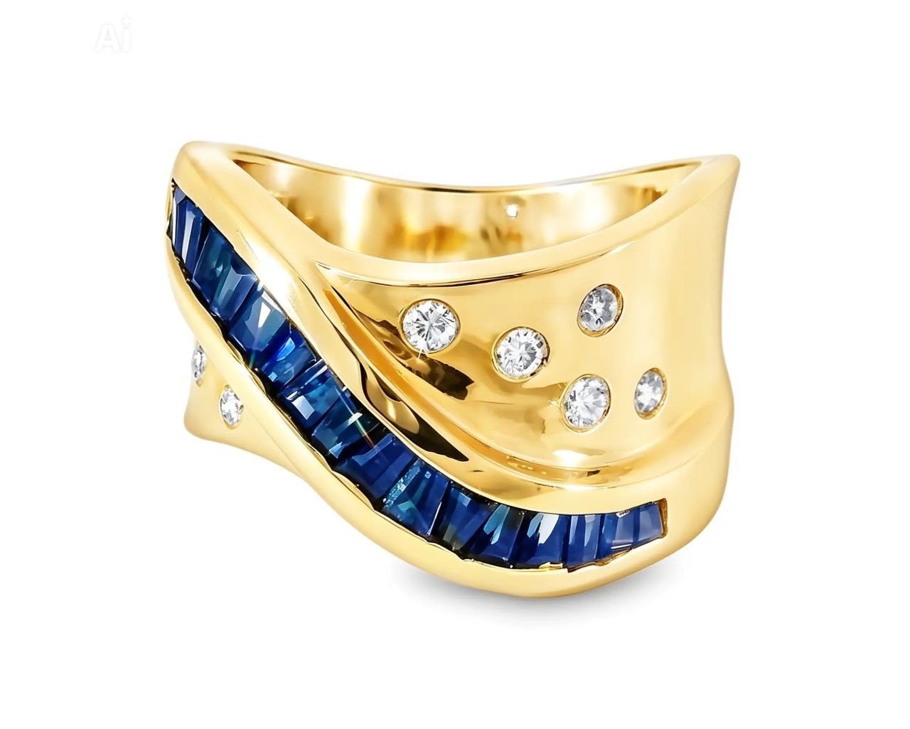 14K Yellow Gold Princess Cut Sapphire Diamond Wide Designer Ring Band
