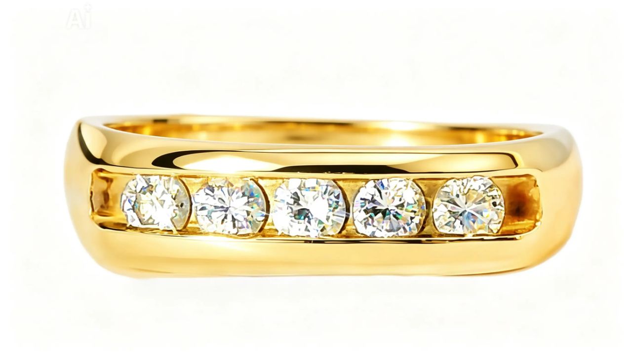 14K Yellow Gold Diamond Wide Wedding Band Ring