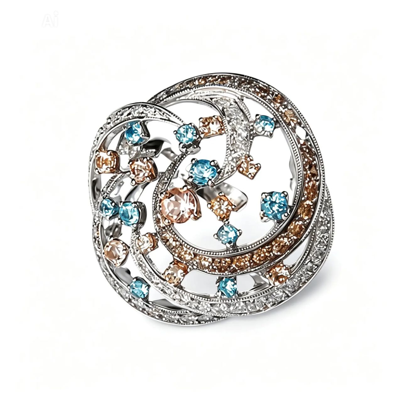 18K White Gold Brown Diamond Aquamarine Morganite Huge Ring