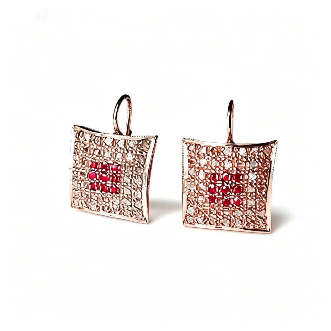 14K Pink Gold Rose Cut Diamond Ruby Dangle Earrings