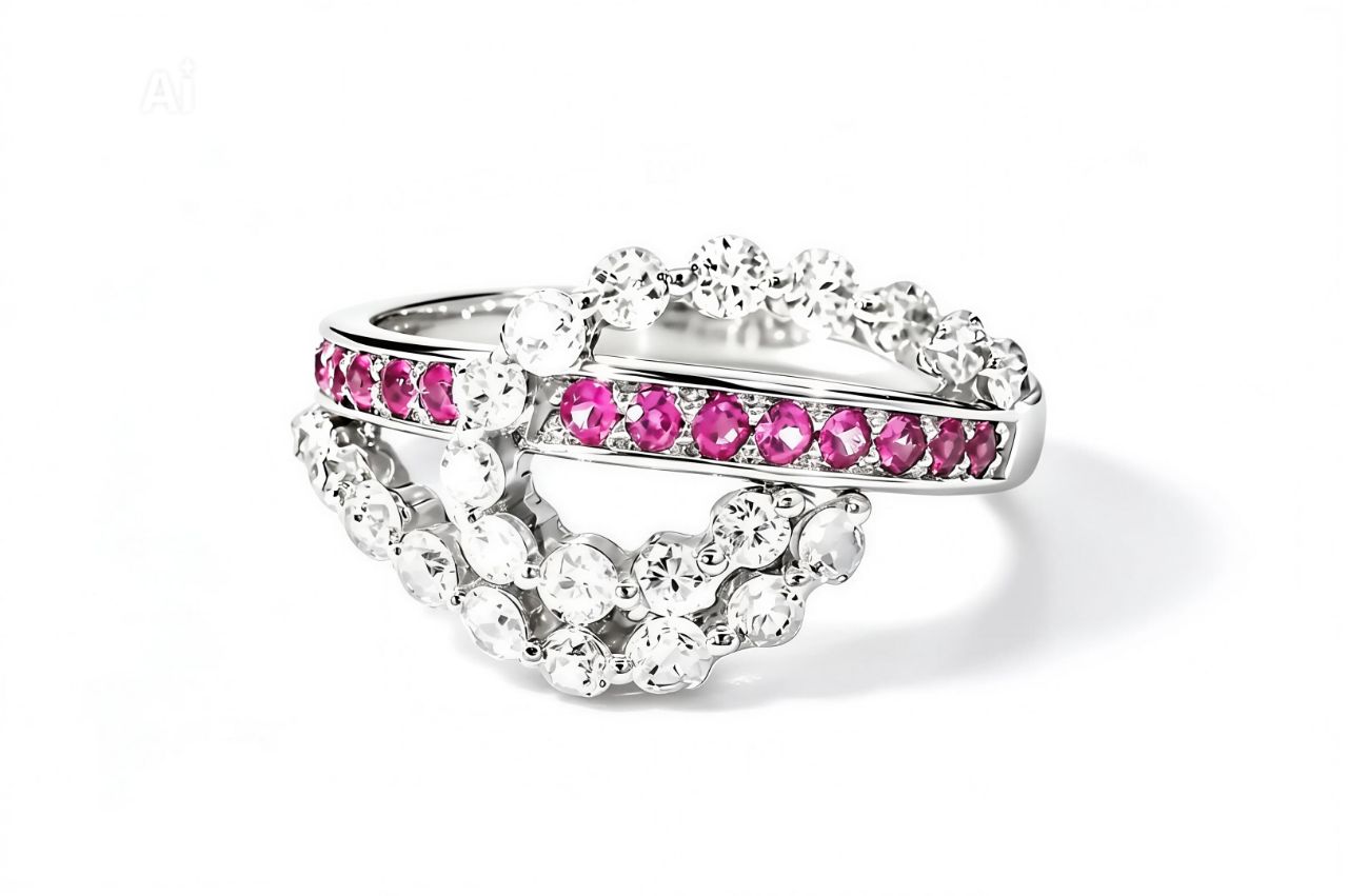 14K White Gold Diamond Pink Sapphire Swirl Band Ring