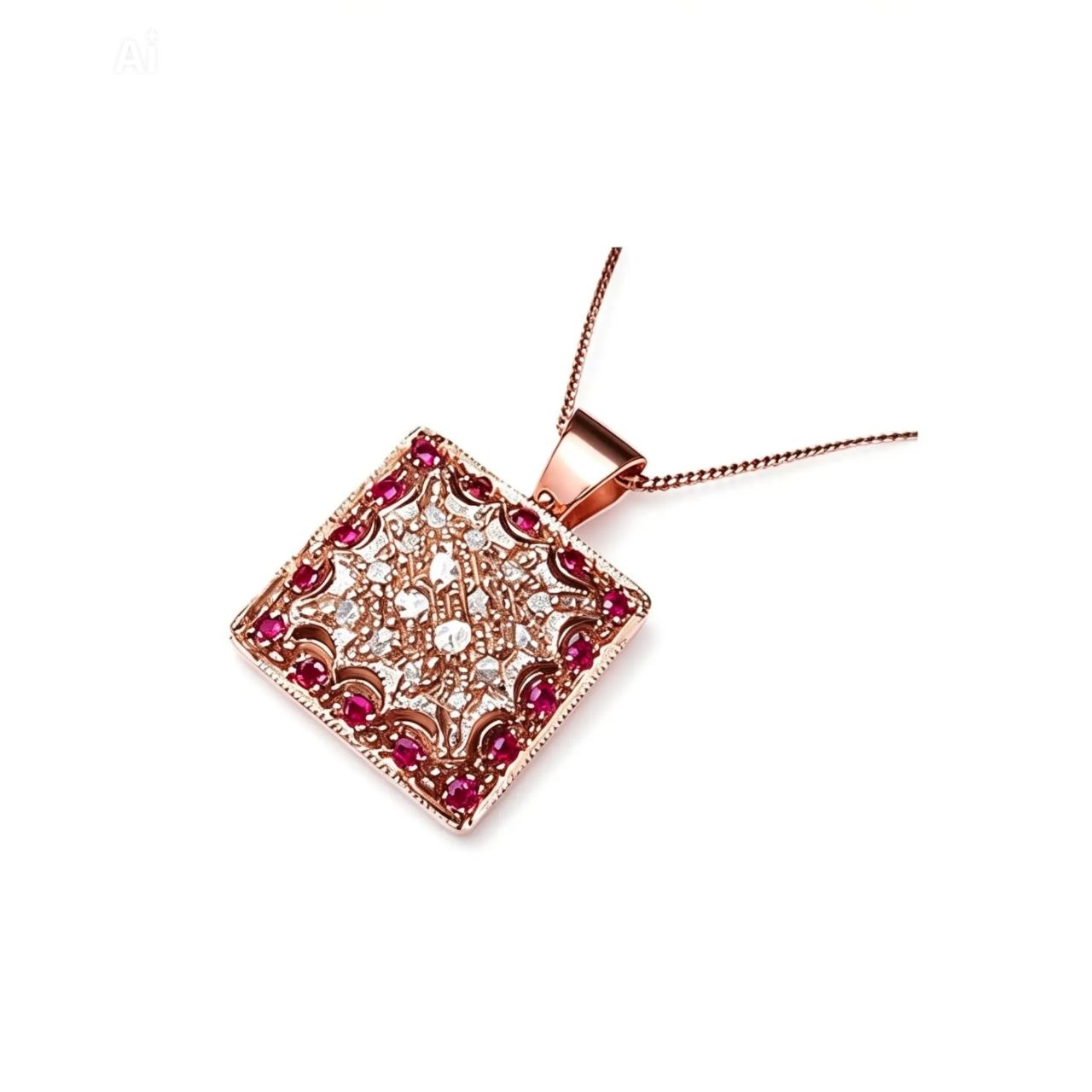 14K Pink Rose Gold Diamond Ruby Filigree Pendant Slide