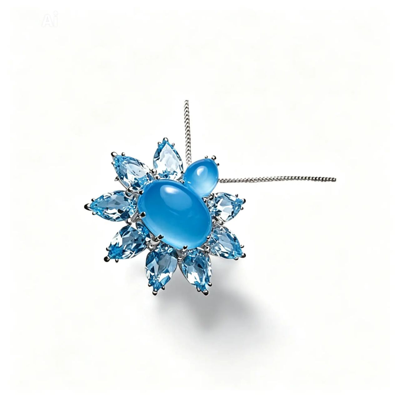 14K White Gold Blue Chalcedony Aquamarine Pendant Slide Brooch Pin
