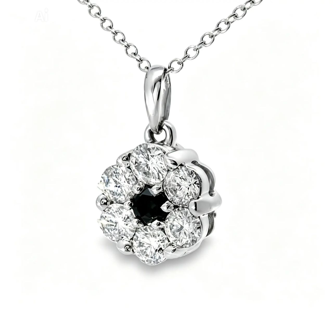 14K White Gold Black Diamond Pendant with White Diamond Halo