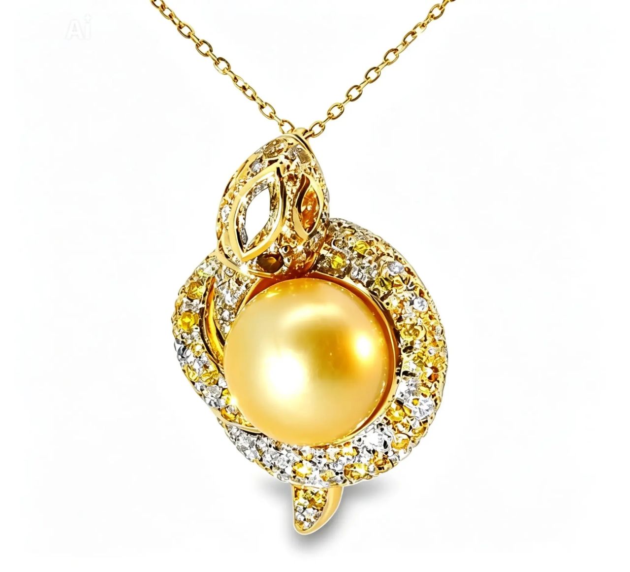 18K Yellow Gold Diamond Tahitian Yellow Pearl Snake Pendant Slide