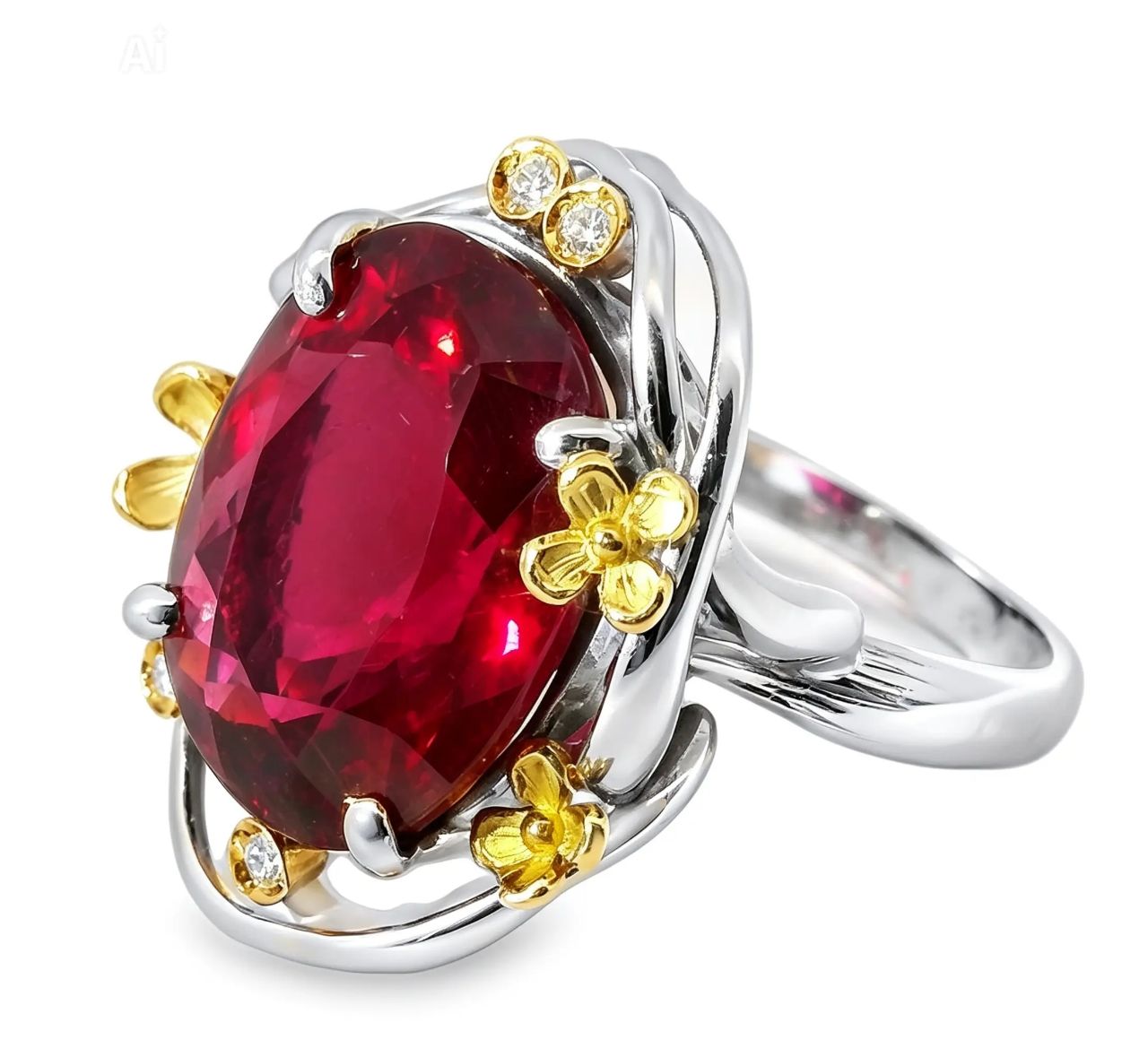 18K White Gold Huge Cabochon Ruballite Ruby Diamond Ring
