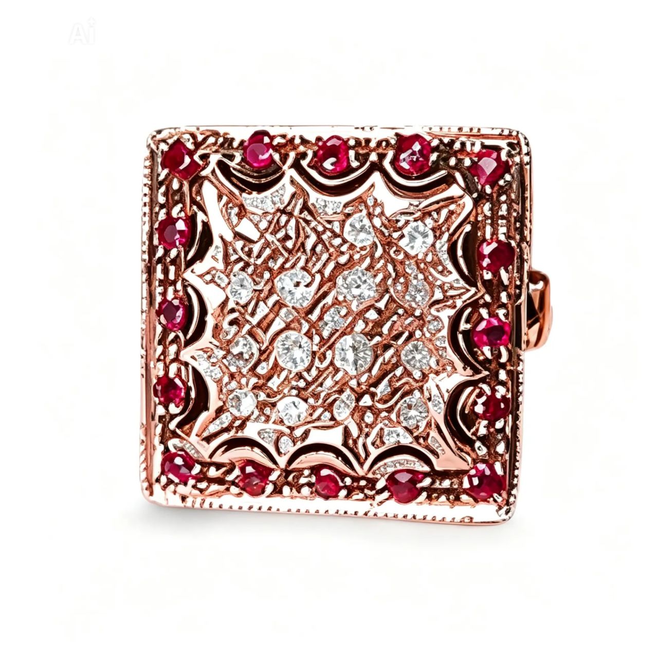 14K Pink Rose Gold Diamond Ruby Filigree Ring