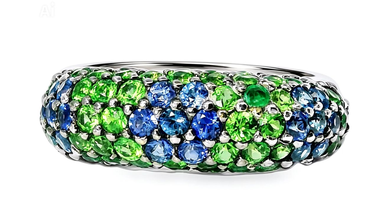 18K White Gold Sapphire Tsavorite Cigar Ring Sapphires