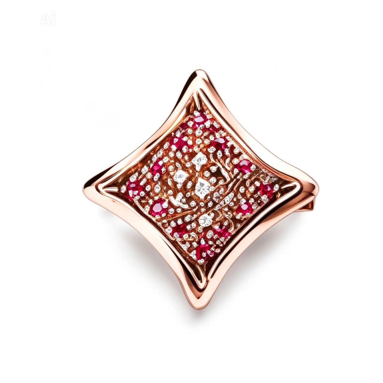 14K Pink Gold Rose Diamond Ruby Filigree Ring