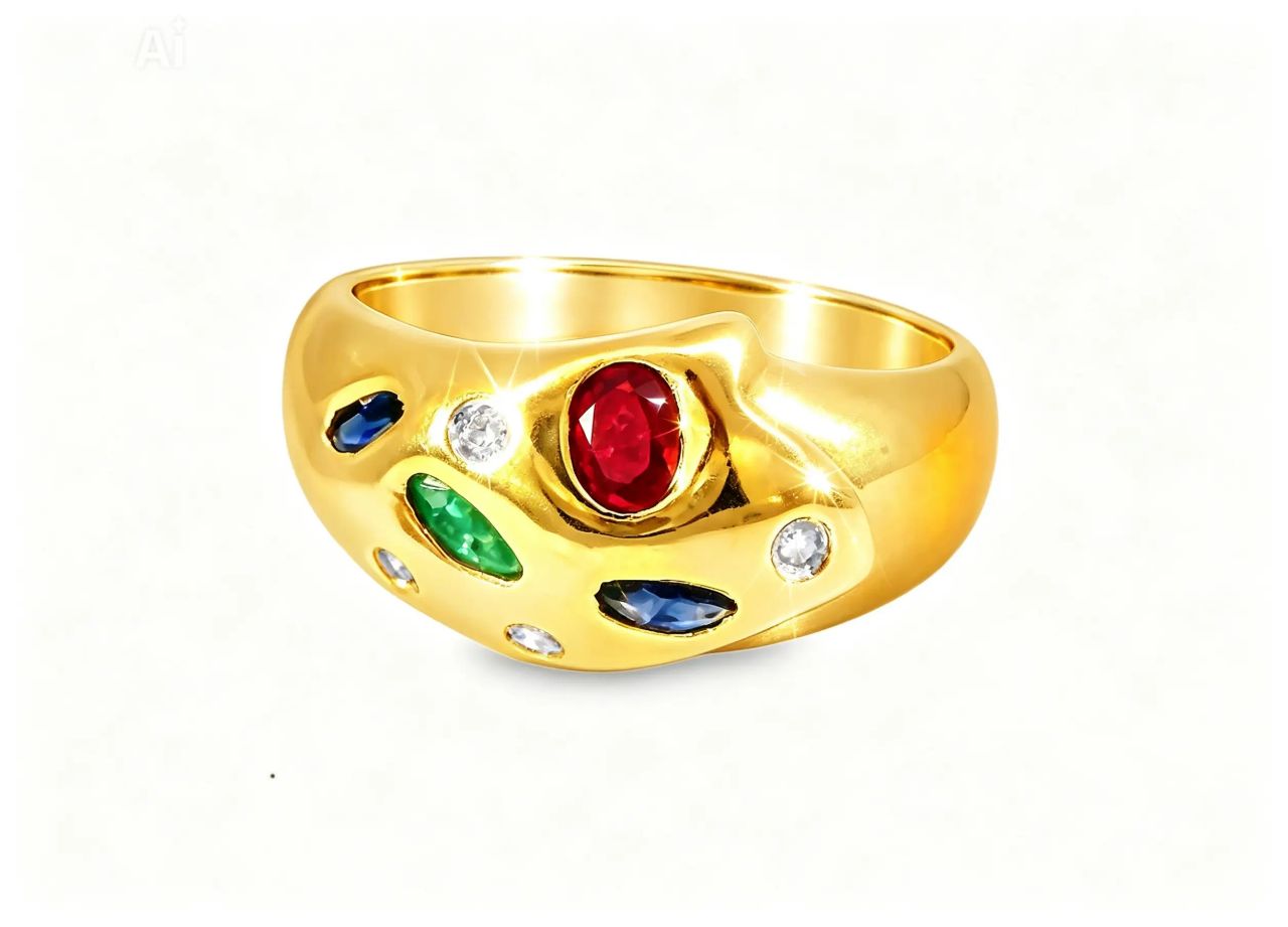 14K Yellow Gold Diamond Ruby Emerald Sapphire Gemstone Ring Band