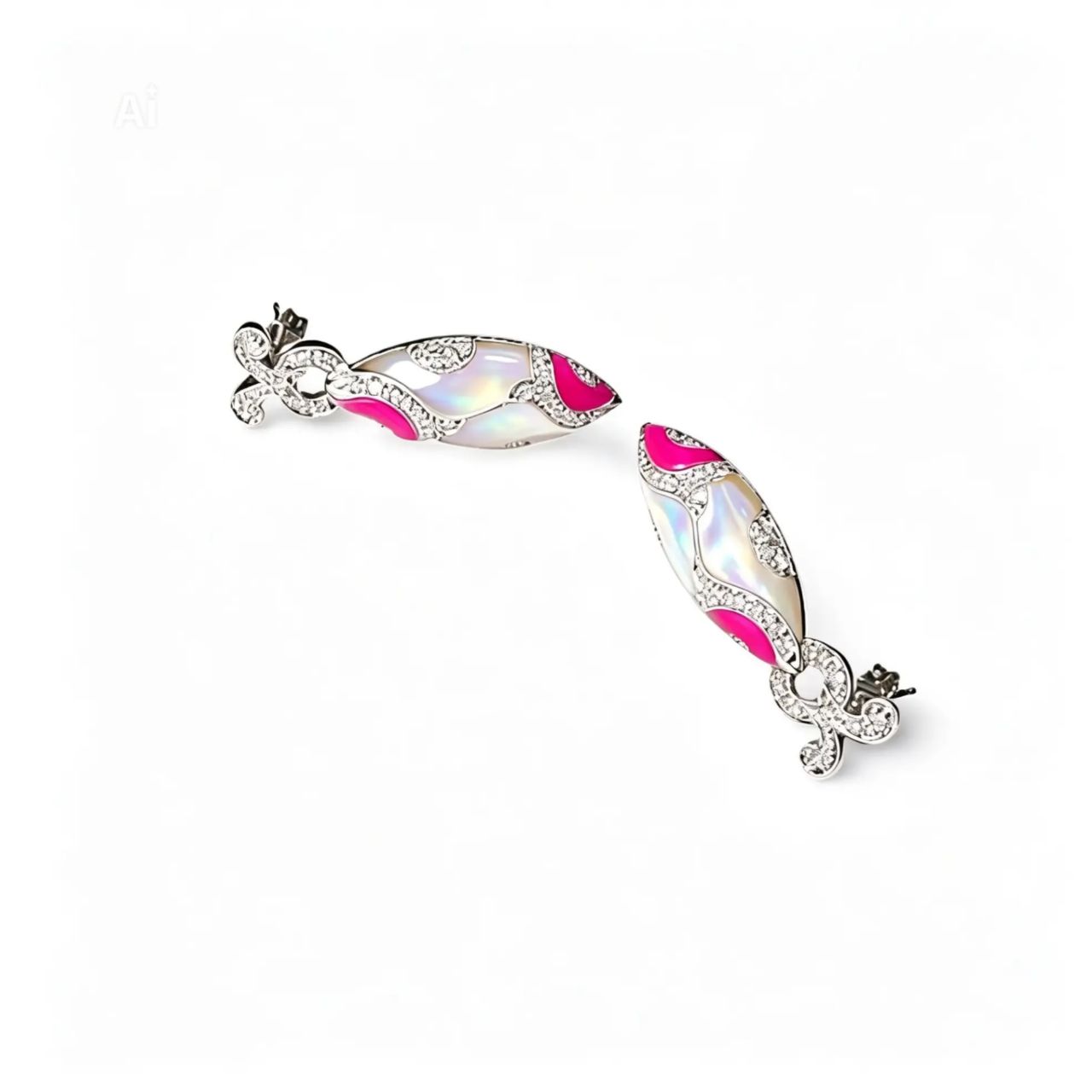 14K White Gold Diamond Pink Coral MOP Drop Earrings