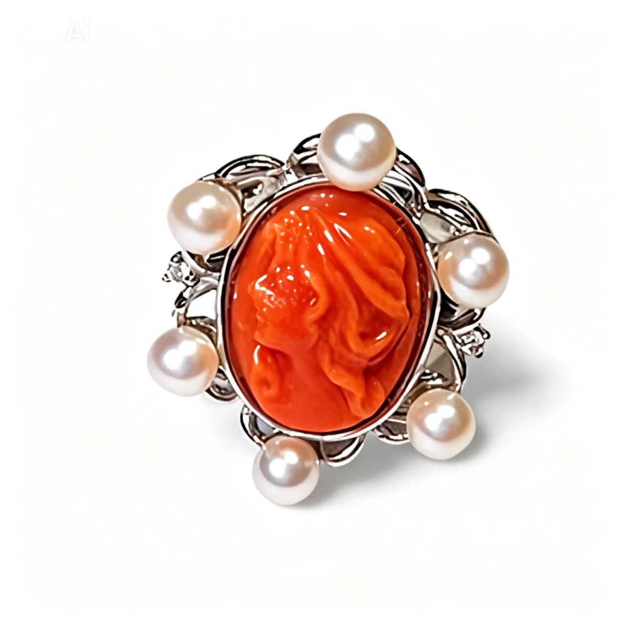 14K White Gold Filigree Coral Cameo Diamond Seed Pearl Ring