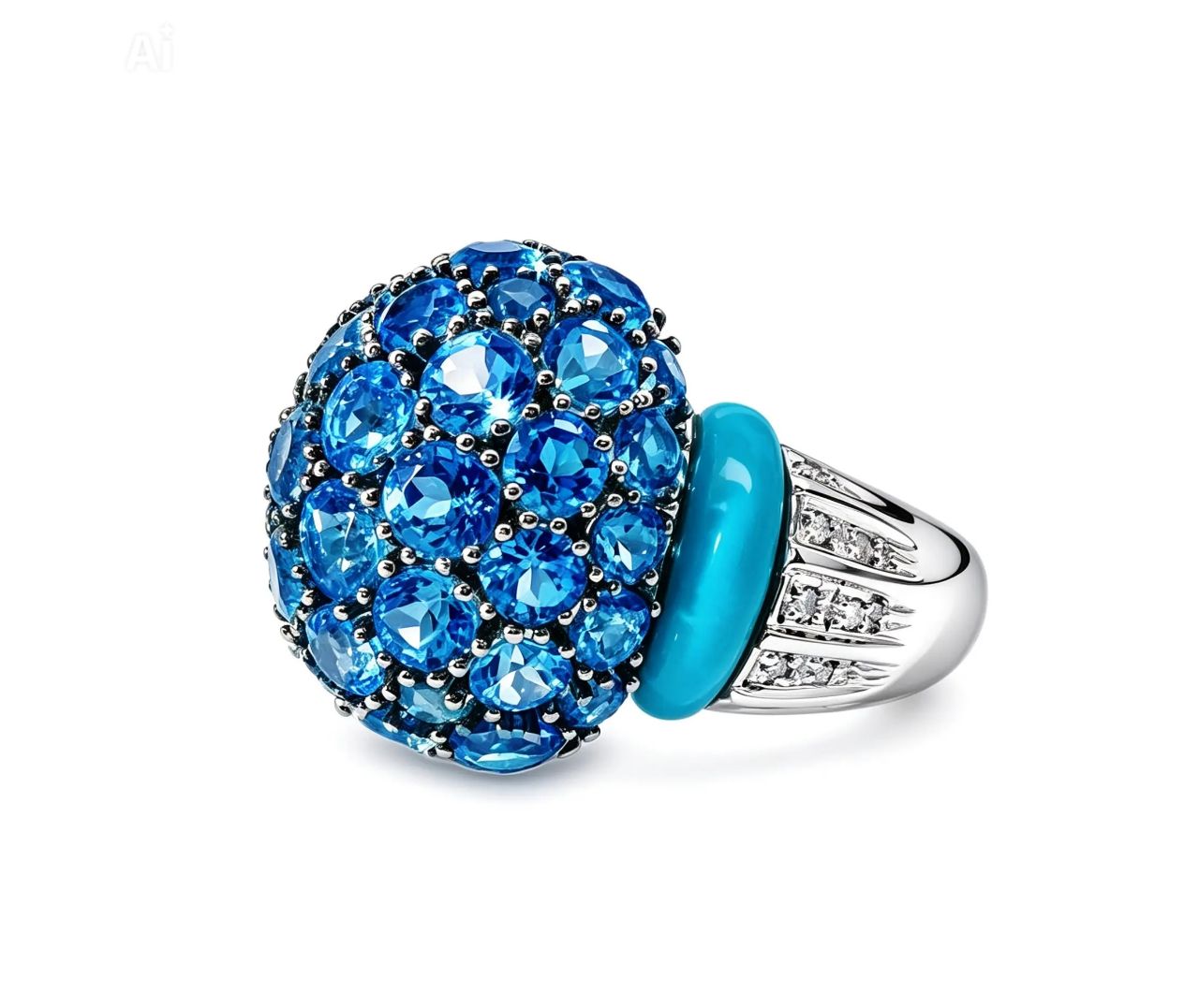14K White Gold Diamond Turquoise Blue Topaz Designer Ring
