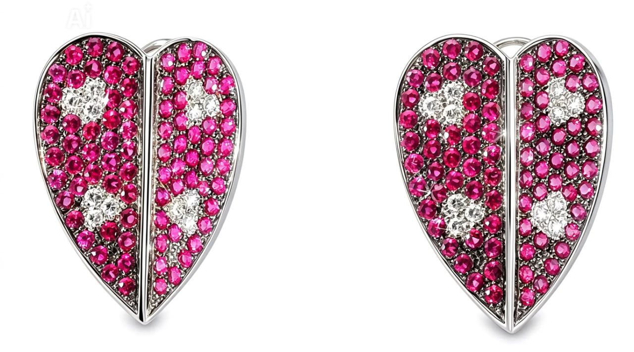 18K White Gold Diamond Red Sapphire Heart Earrings