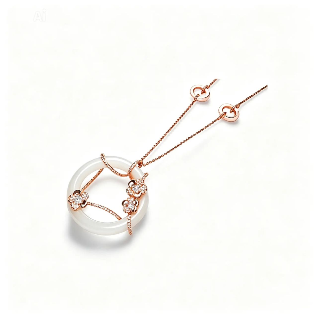 14K Rose Gold Diamond White Agate Designer Necklace