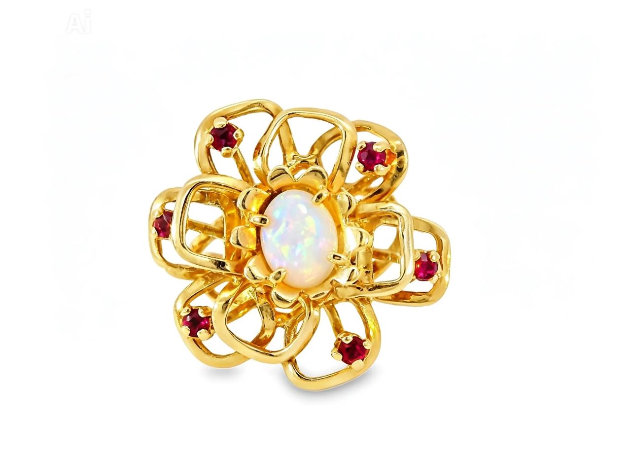 14K Yellow Gold Opal Ruby Filigree Flower Opal Ring