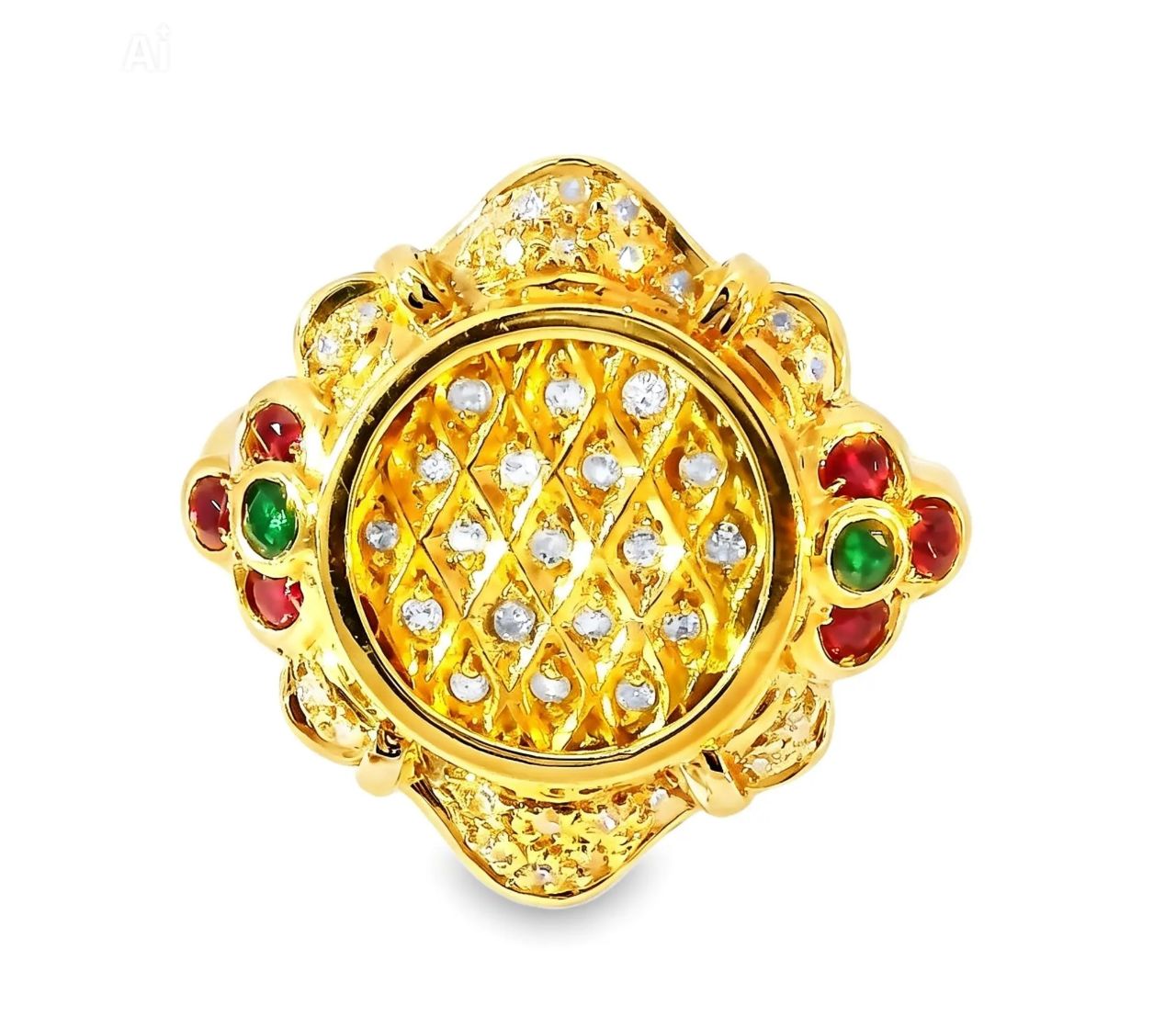 14K Yellow Gold Diamond Emerald Ruby Designer Ring