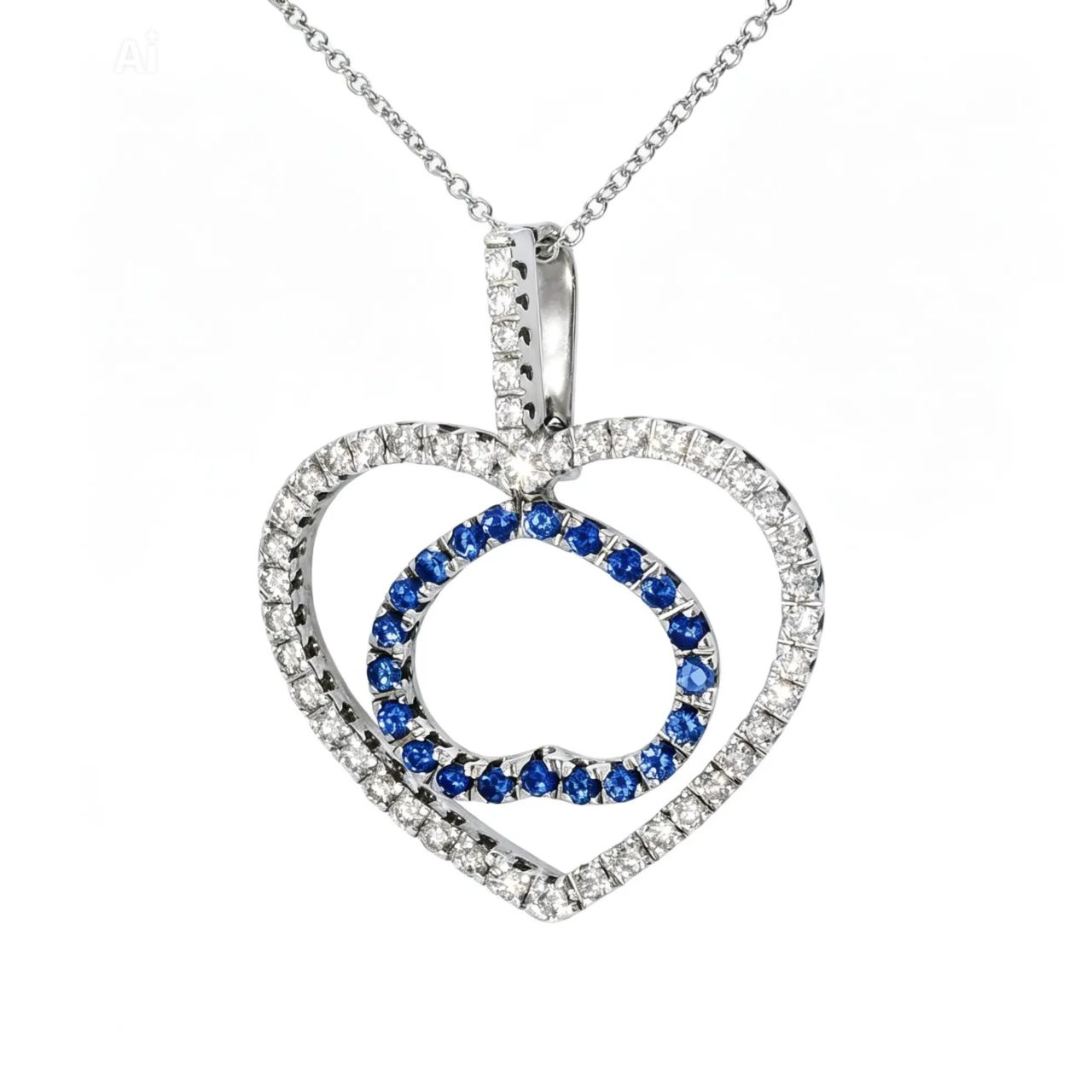 18K White Gold Double Heart Pendant with Diamonds & Sapphires