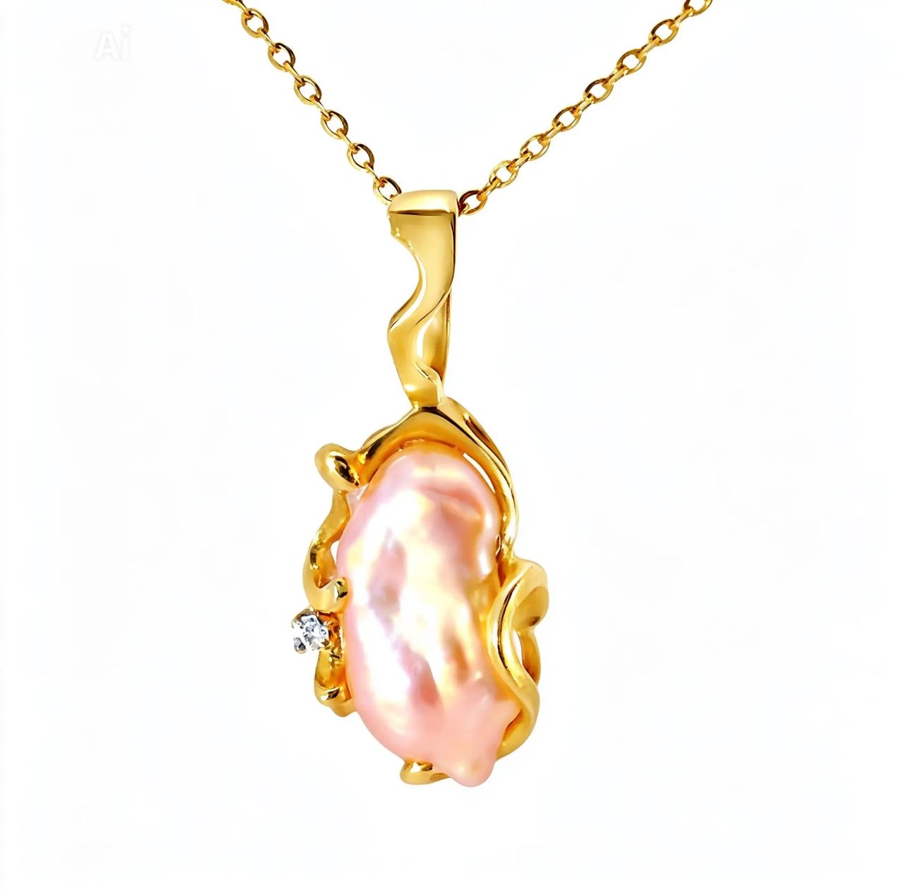 14K Yellow Gold Pink Baroque Pearl Diamond Pendant