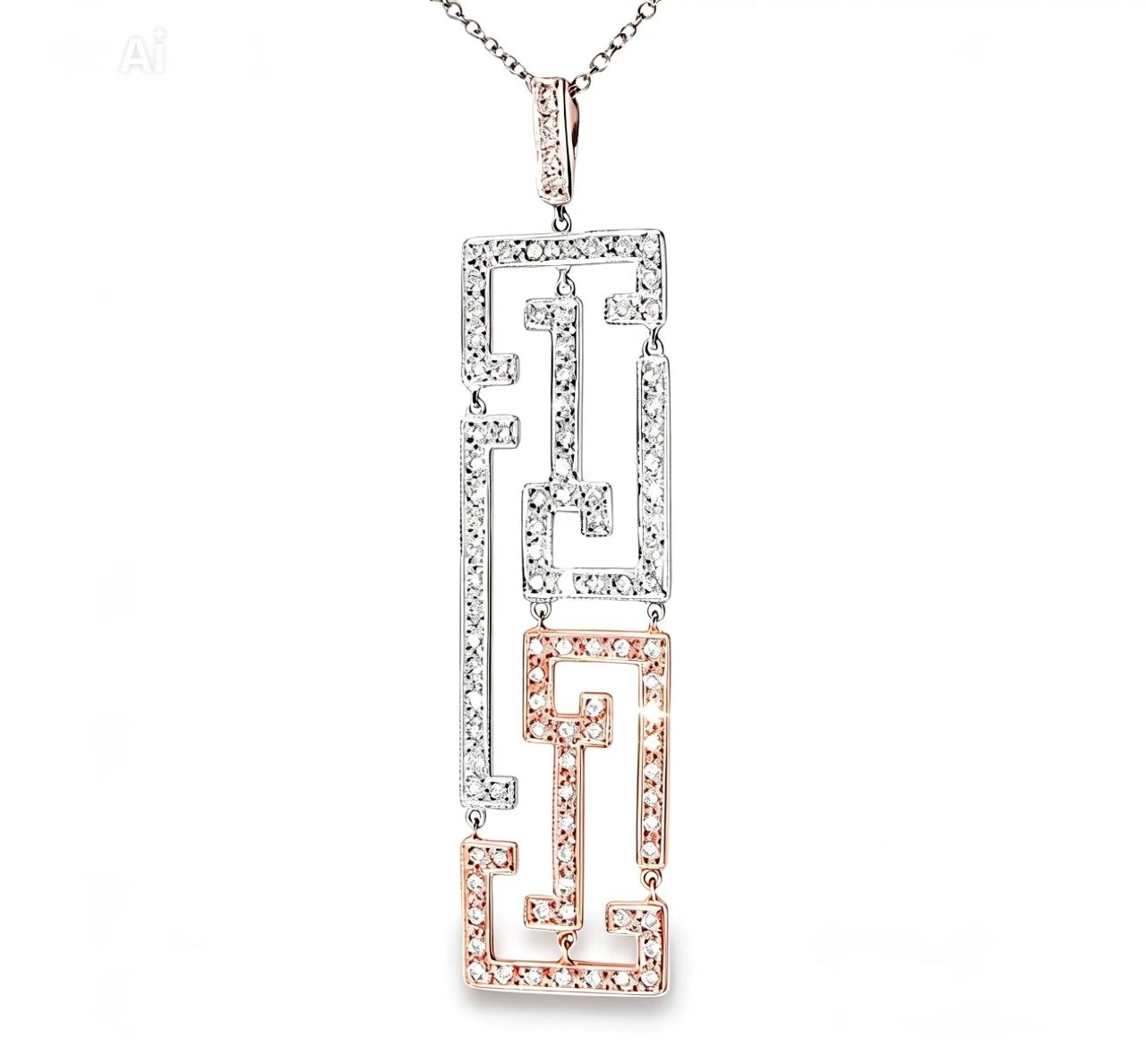 14K 2 Tone White Rose Gold Diamond Oriental Station Necklace