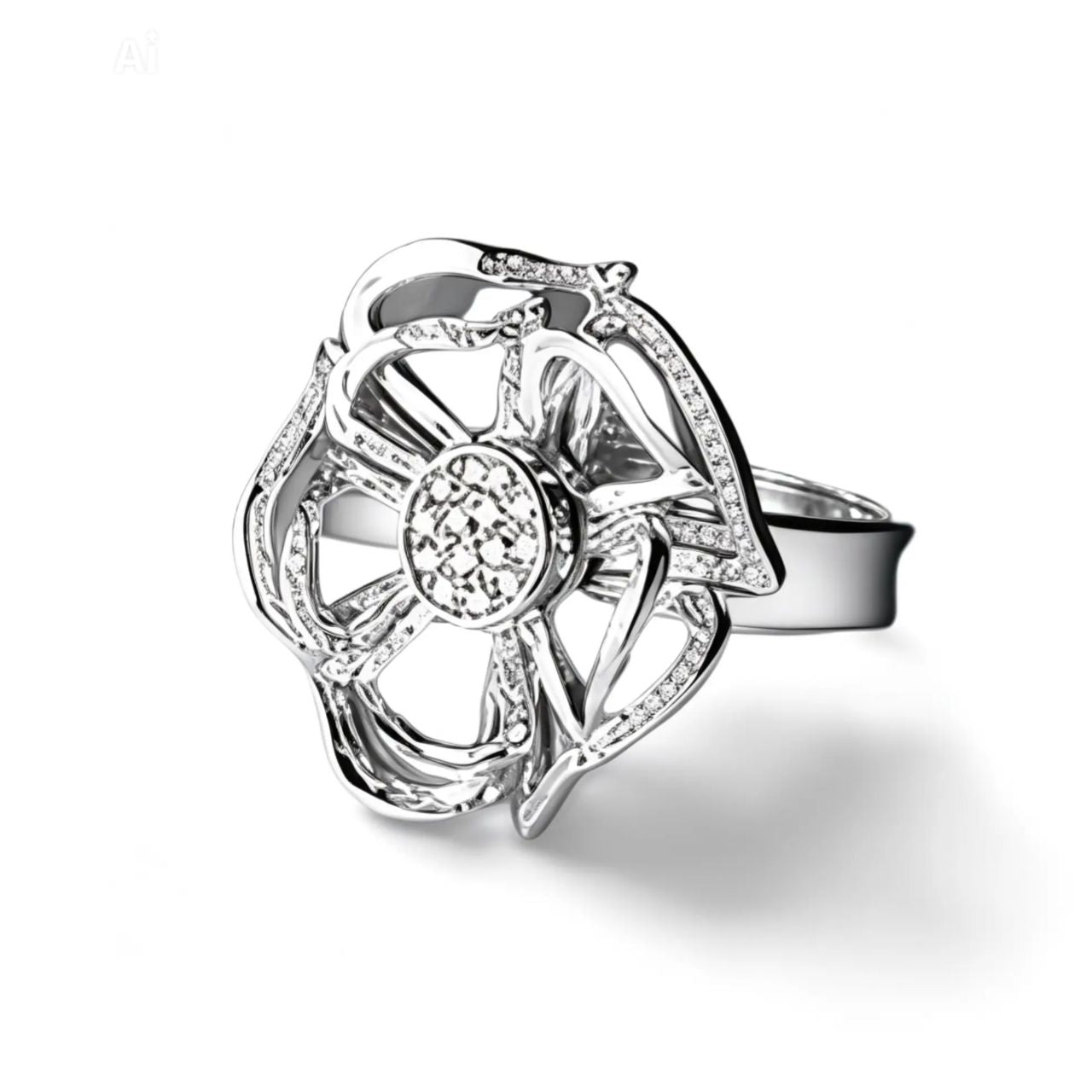14K White Gold Filigree Diamond Floral Cocktail Ring