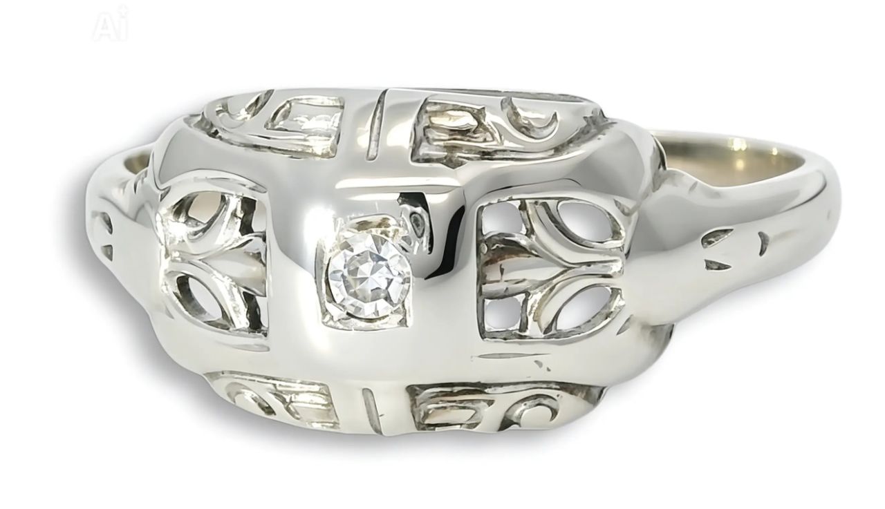 14K White Gold Filigree Diamond Pinky Ring Band