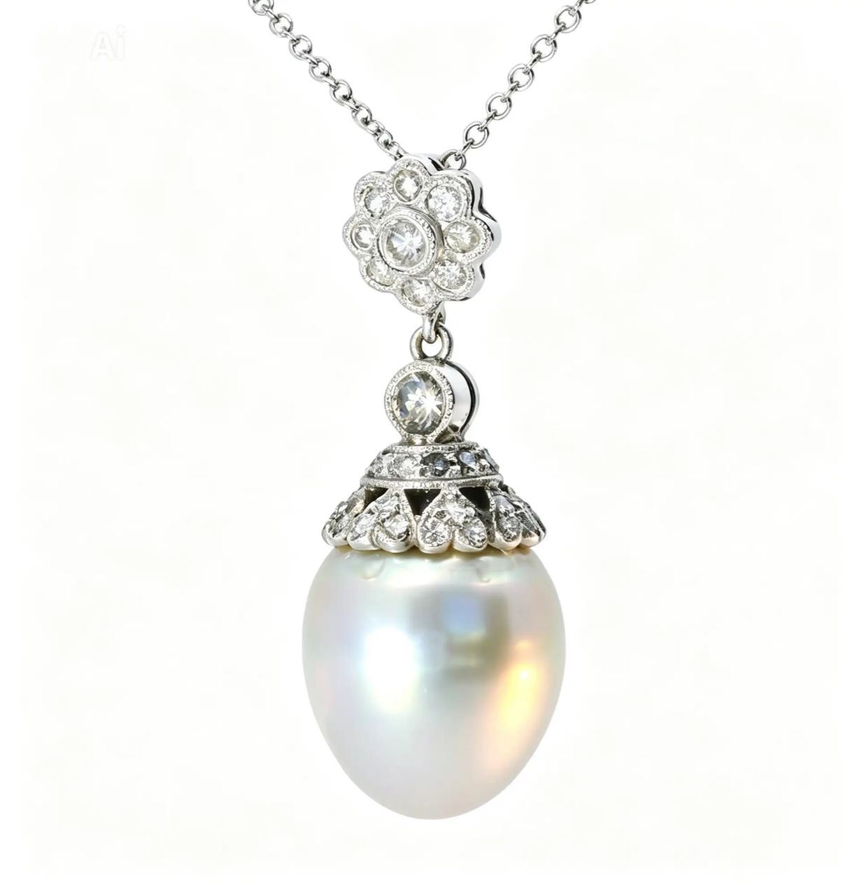 18K White Gold Filigree Cultured Pearl Diamond Pendant Slide