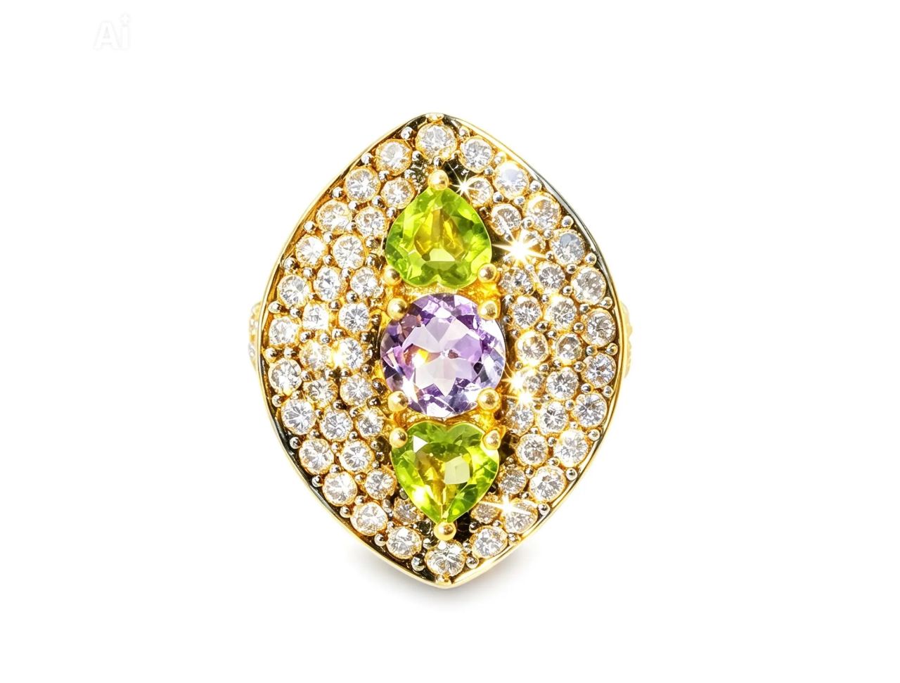 14K Gold Pave Champagne Diamond Amethyst Peridot Designer Ring