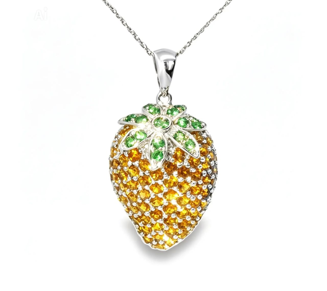 14K White Gold Orange Citrine Tsavorite Strawberry Pendant Necklace