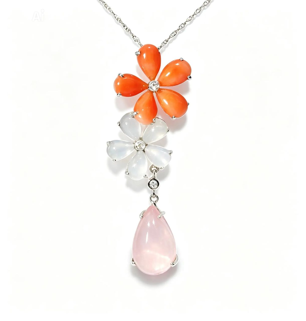 18K White Gold Diamond Coral Chalcedony Rose Quartz Pendant Necklace