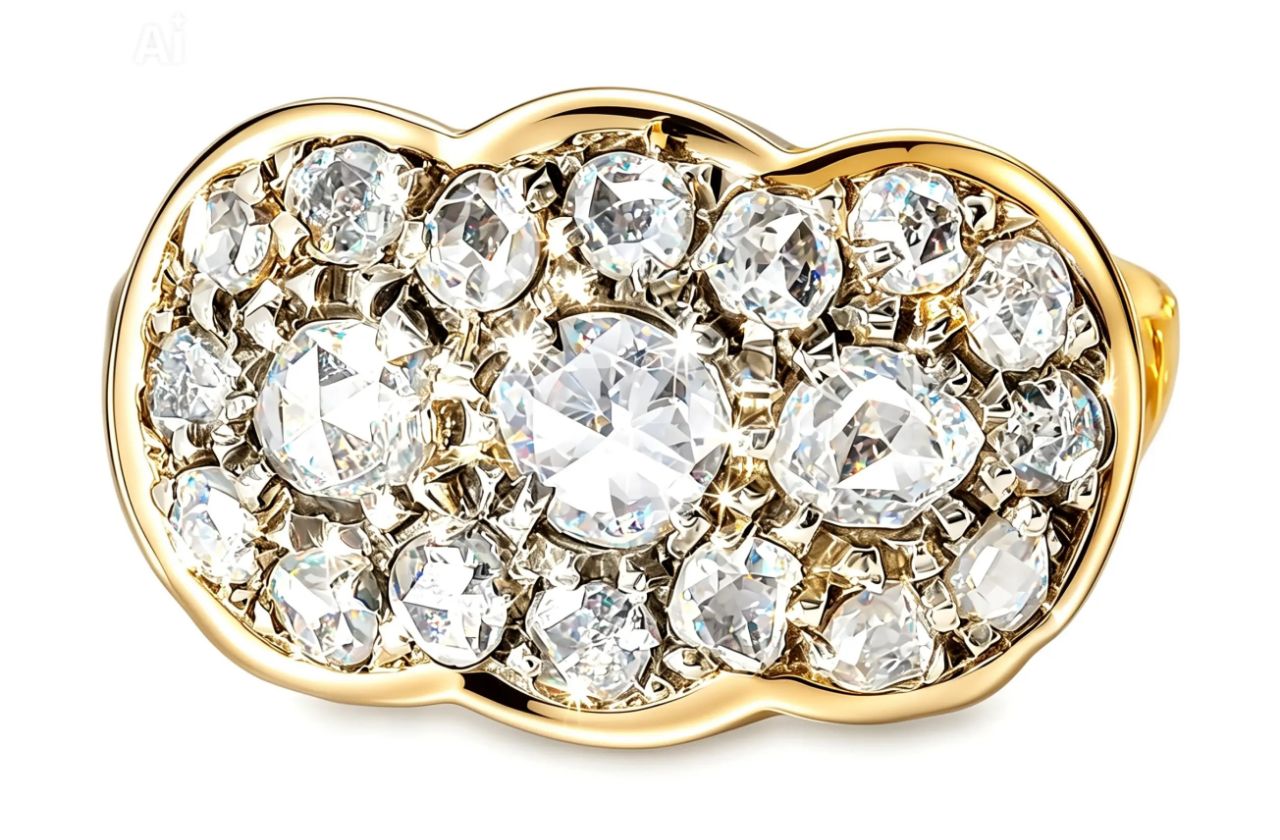 14K Yellow Gold Pave Old Miner Diamond Filigree Mosaic Ring