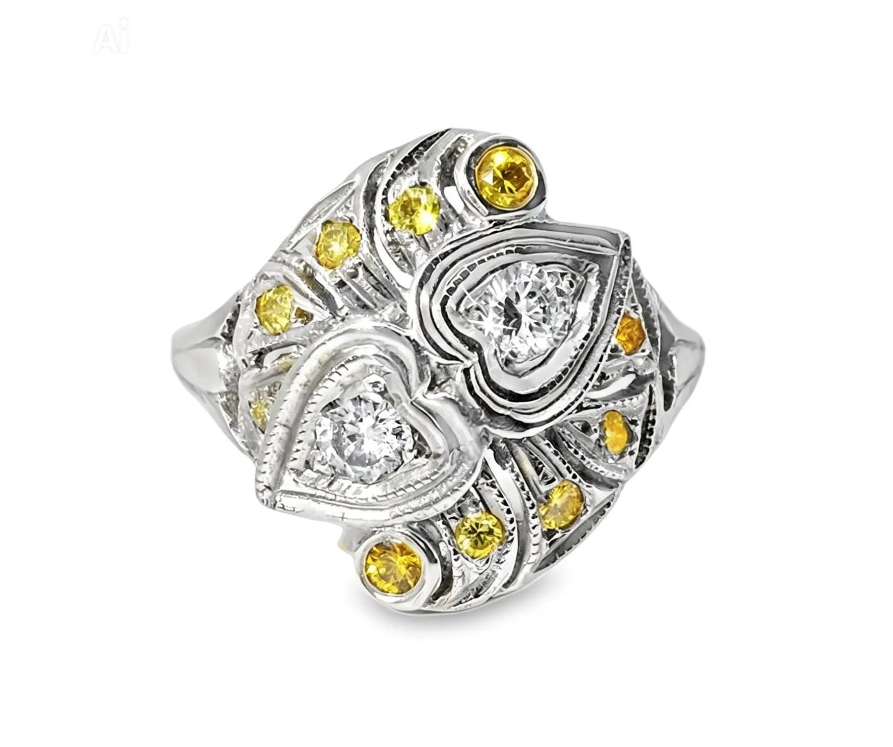 14K White Gold Filigree Yellow Diamond Hearts Heart Ring Band