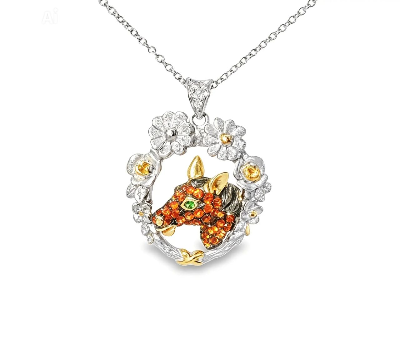 14K White Gold Diamond Orange Sapphire Horse Pendant Slide