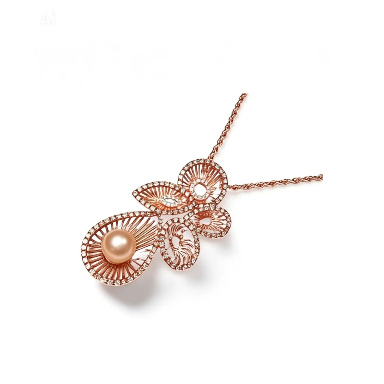 18K Rose Gold Champagne Diamond Pearl Pendant Necklace