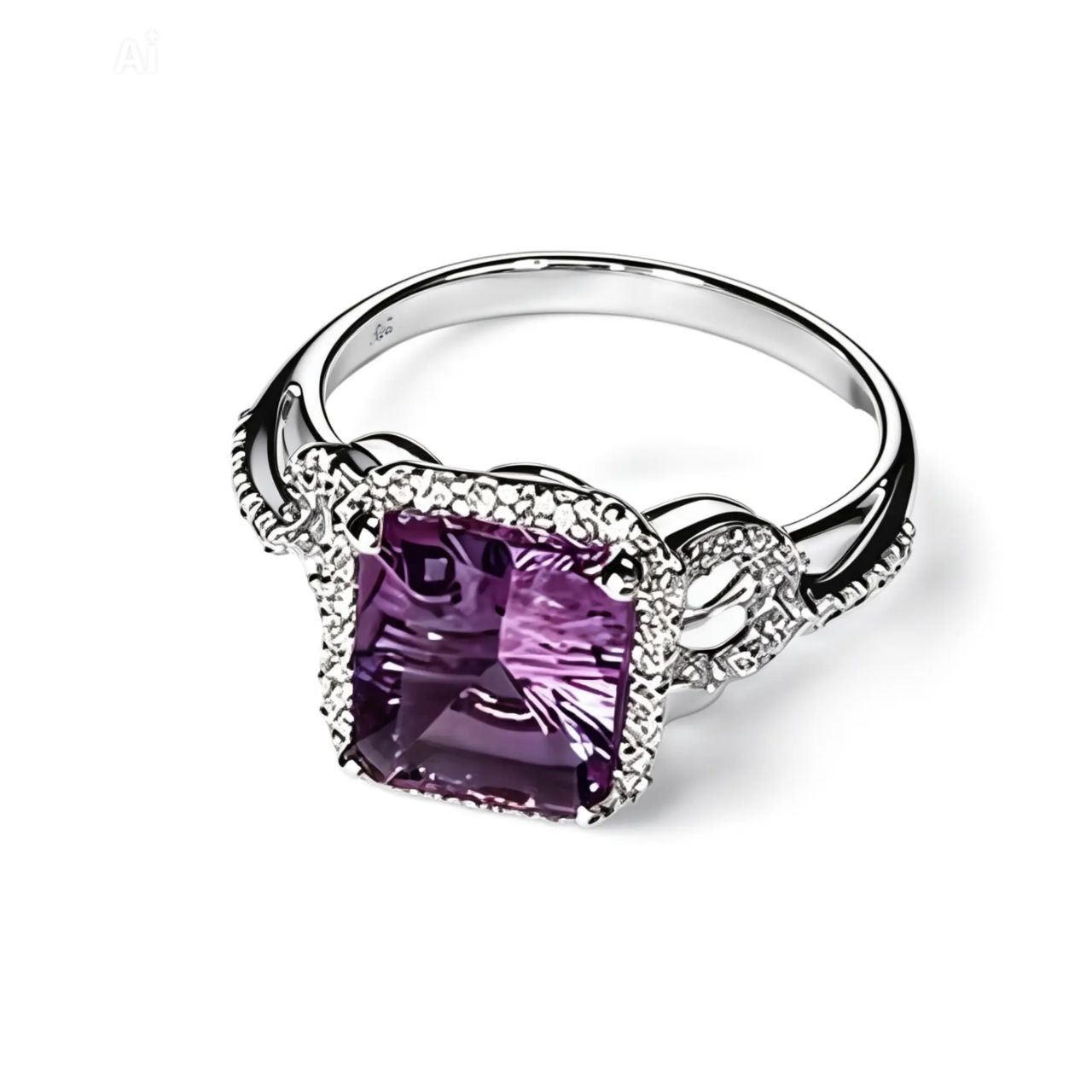 14K White Gold Micro Pave Diamond Amethyst Ring