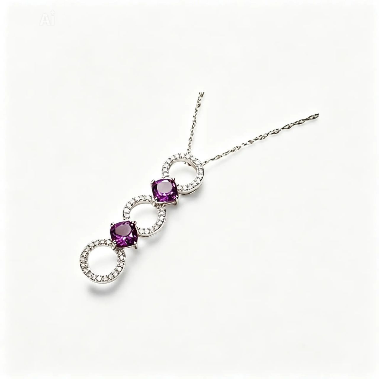 14K White Gold Diamond Amethyst Drop Pendant Necklace