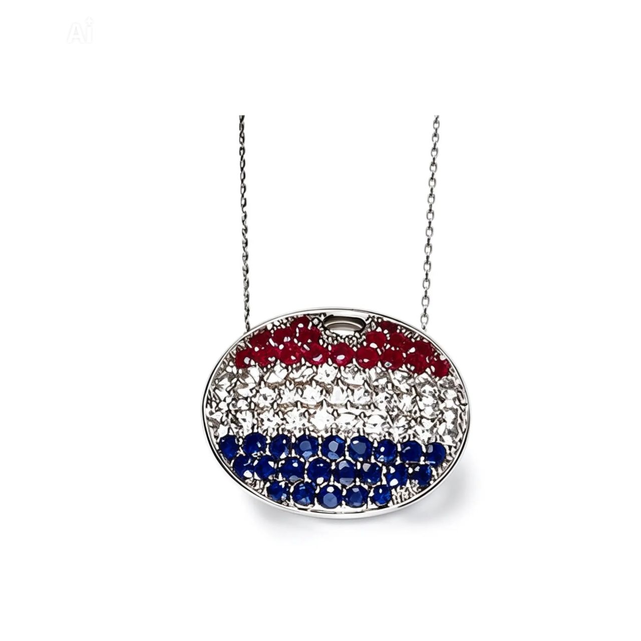 14K White Gold Sapphire Ruby Topaz American Flag Pendant Necklace