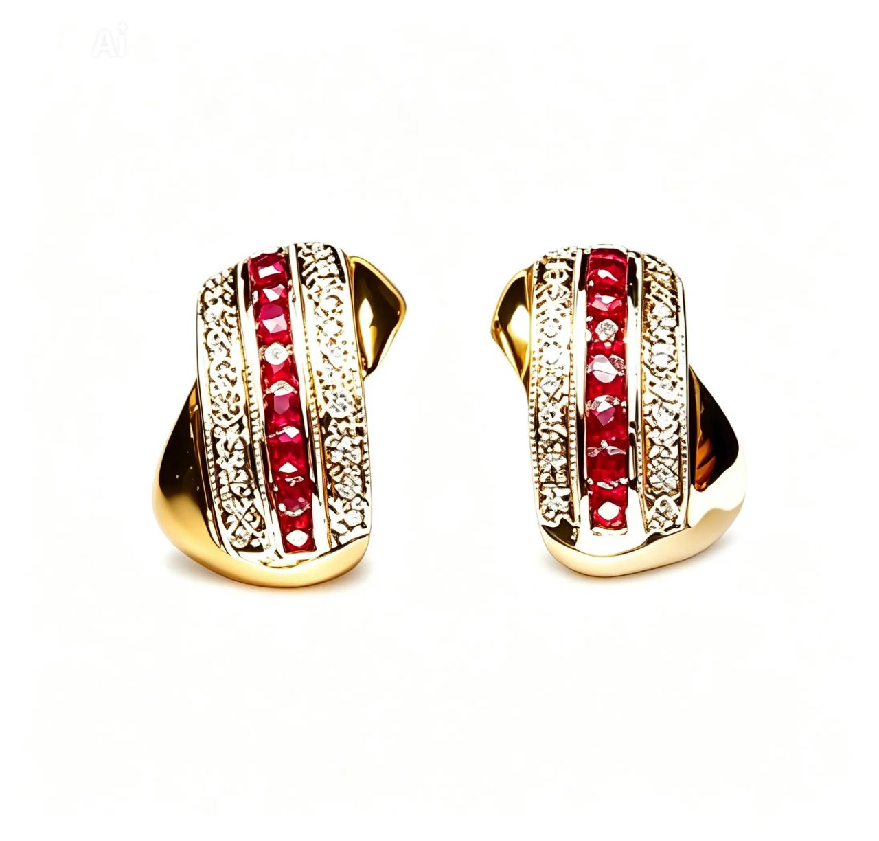14K Yellow Gold Diamond Ruby Huggie Half Hoop Earrings