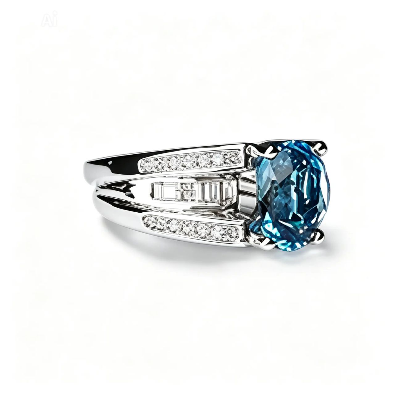 14K White Gold Blue Topaz Baugette Diamond Ring Band