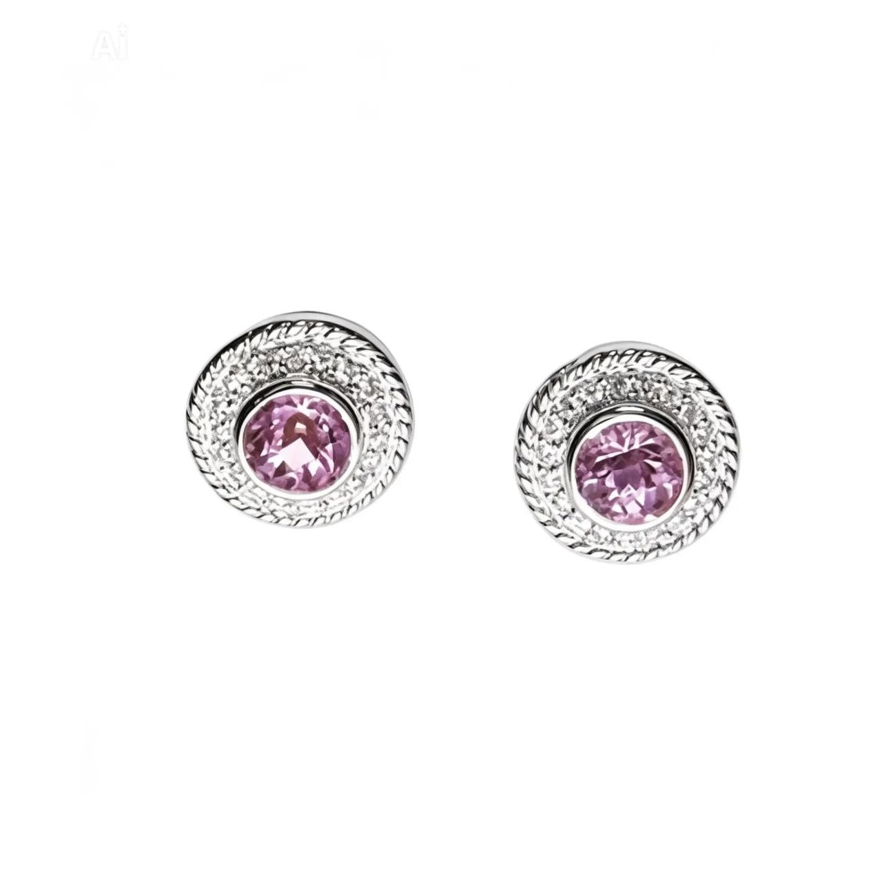14K White Gold Pink Solitaire Amethyst Diamond Stud Earrings