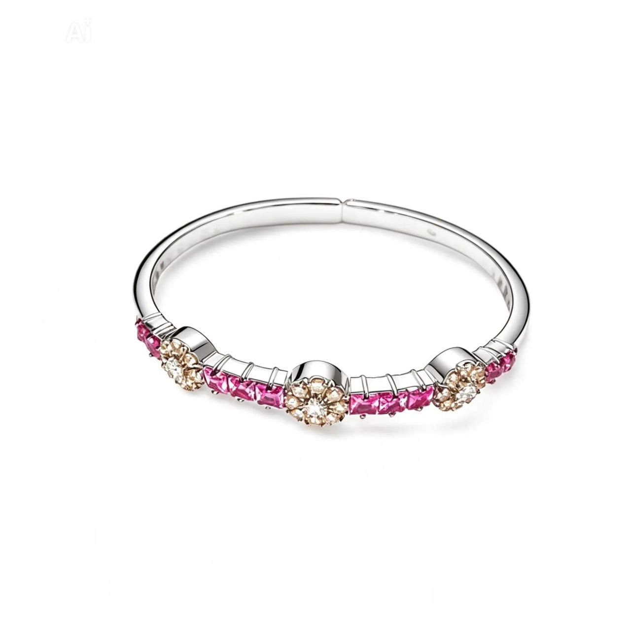 18K White Gold Pink Sapphire Champagne Diamond Bangle Bracelet