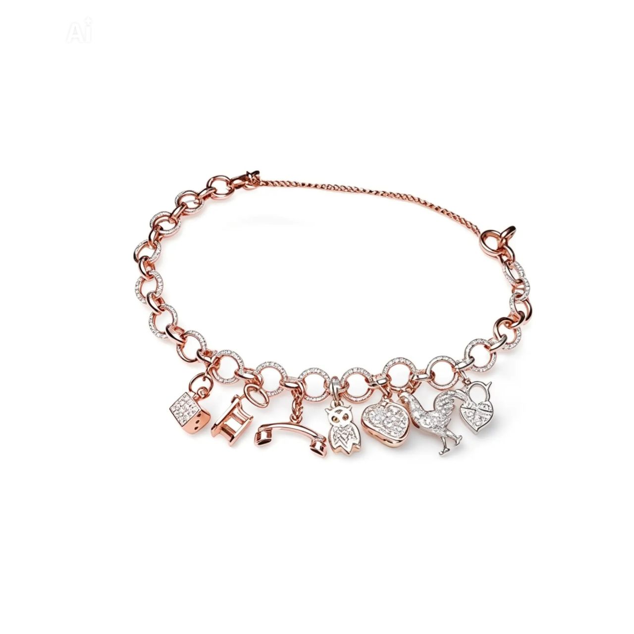 14K Pink Rose Gold Diamond Miniature Charm Bracelet