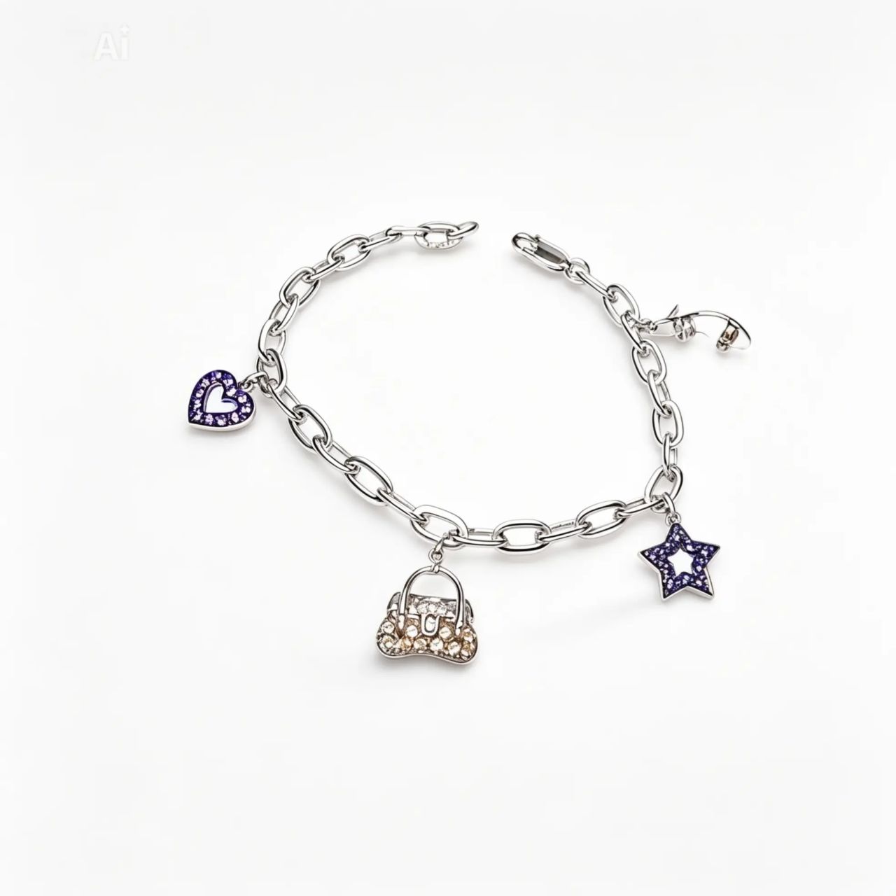 14K White Gold Star Shoe Heart Bag Sapphire Diamond Charm Bracelet