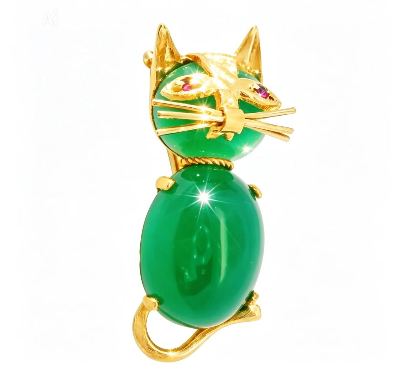 14K Yellow Gold Green Aventurine Ruby Cat Brooch Pin