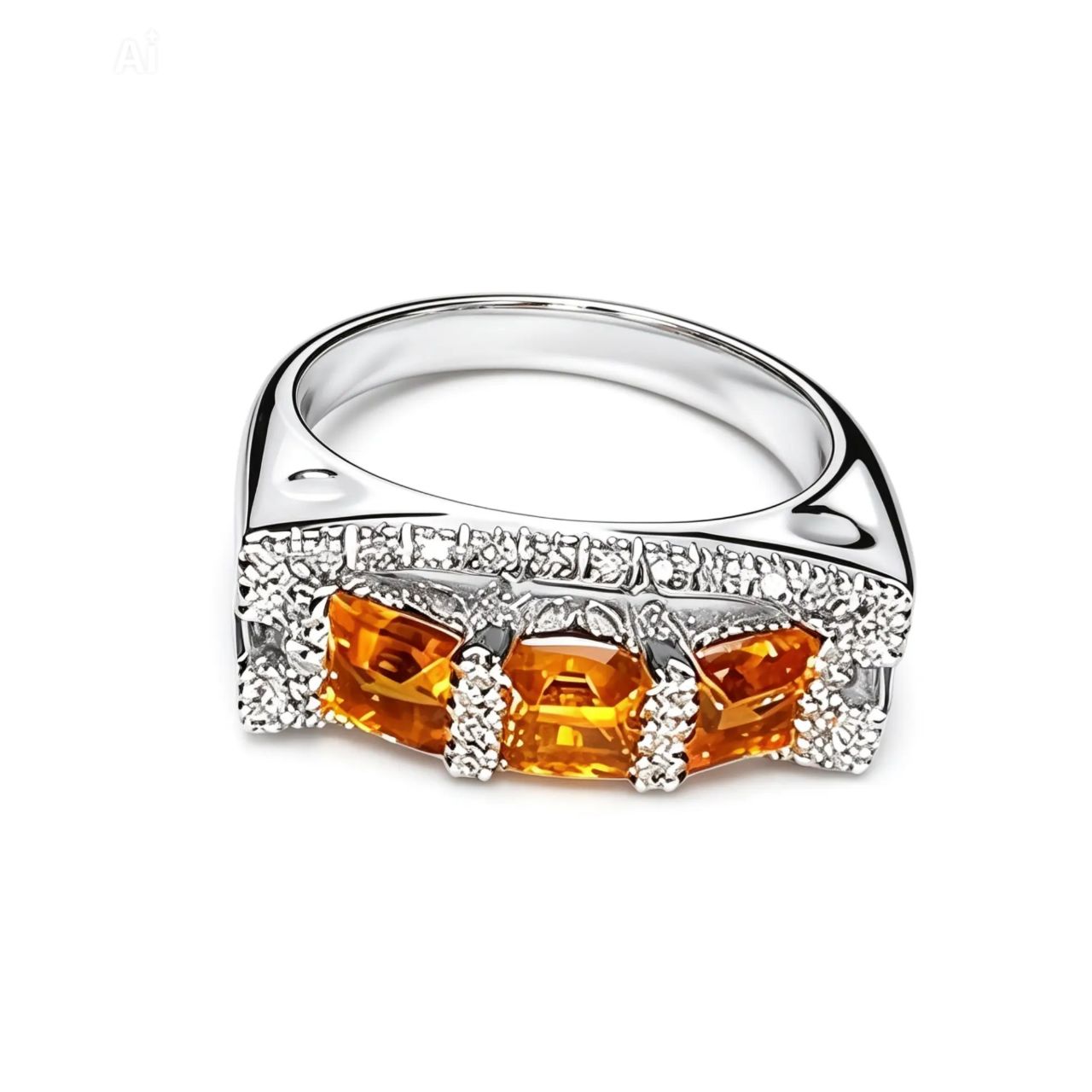 14K White Gold Citrine Diamond 3 Stone Ring Band
