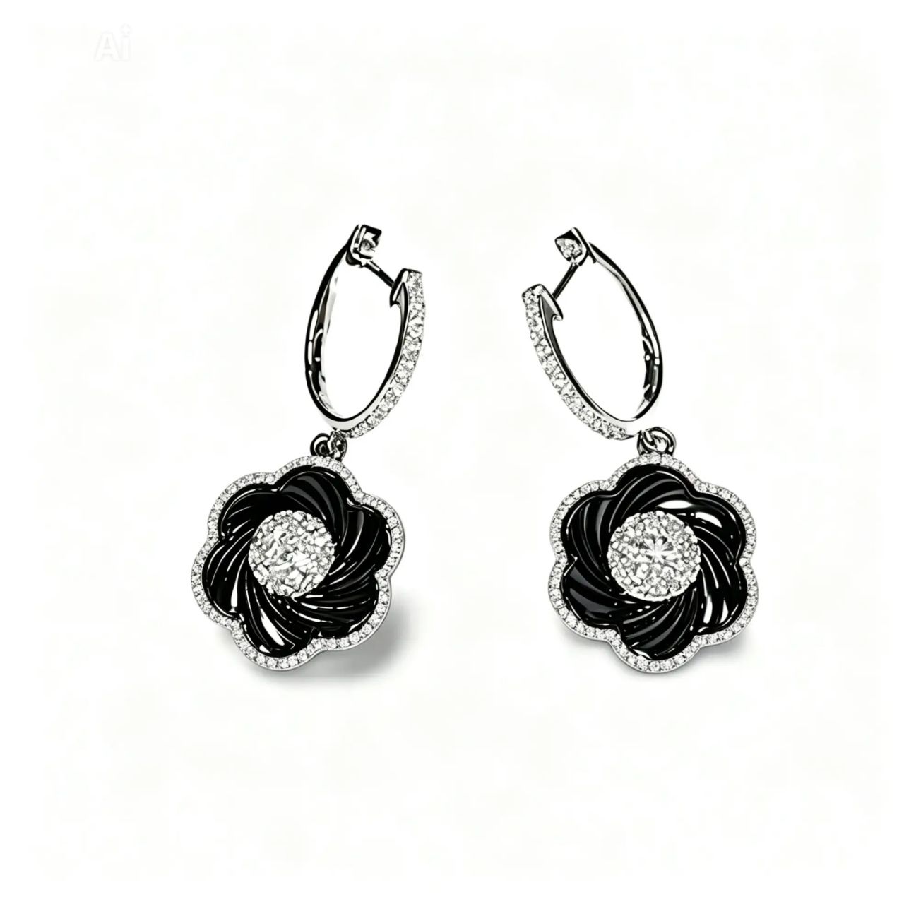 14K Black Gold Pave Diamond Flower Drop Earrings