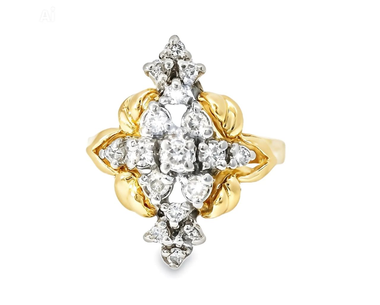 14K Yellow Gold Filigree Diamond Marquise Cocktail Ring