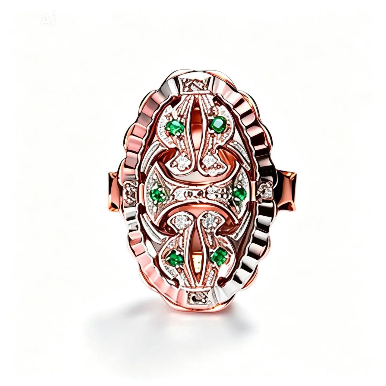 14K Pink Gold Rose Cut Diamond Emerald Cocktail Ring