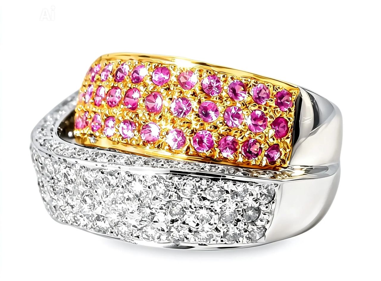 18K White Gold Pink Sapphire Pave Diamond Swirl Band Ring